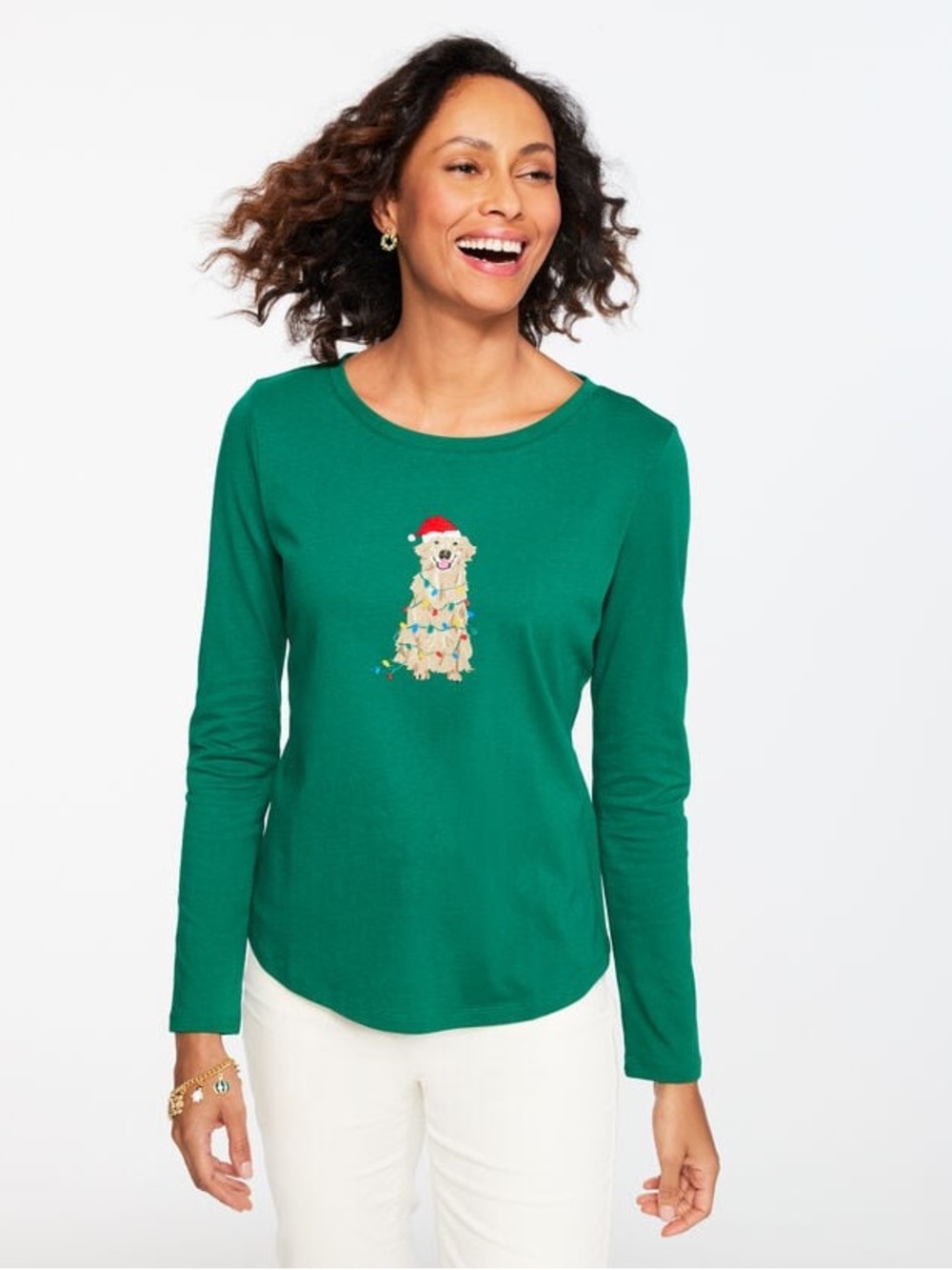 Talbots Golden Retriever LONG SLEEVE CREWNECK TEE - FESTIVE DOG New Small